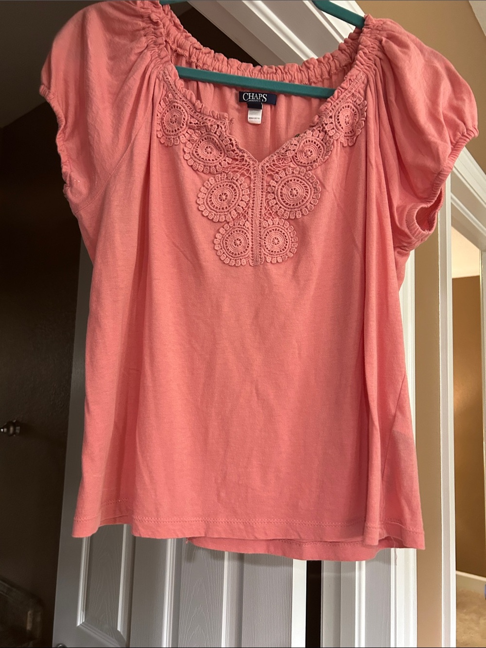 Chaps Coral Crochet-Trim Short Sleeve Top